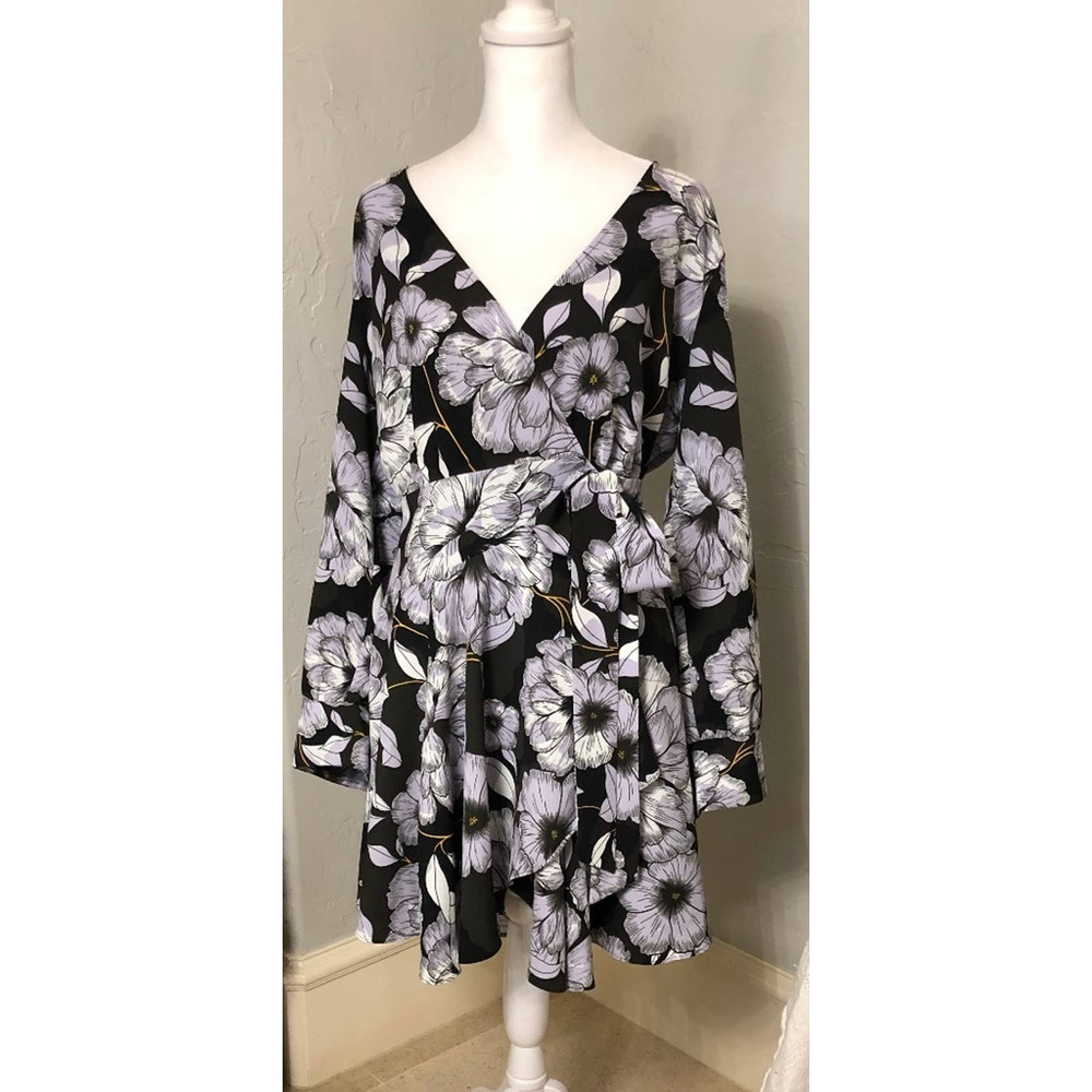 Barlll Black and Purple Floral Long Sleeve True Wrap Dress